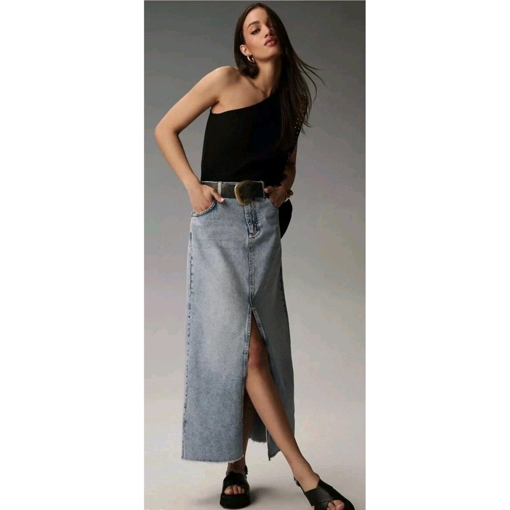 Pilcro Anthropologie Women's Denim Maxi Skirt High Rise Front Slit Size 4 New - Picture 1 of 10